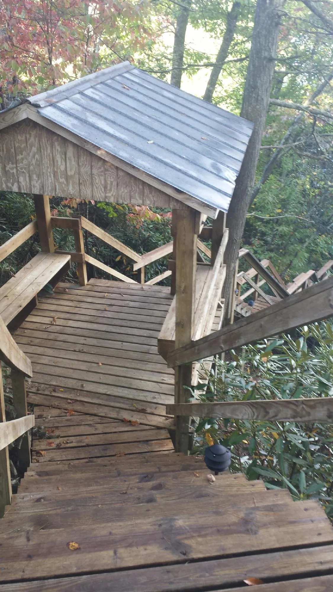 Metal roofed shelter over wooden steps on a wooded walkway — Skylight Repair & Installation work by our crew in Green Mountain Falls